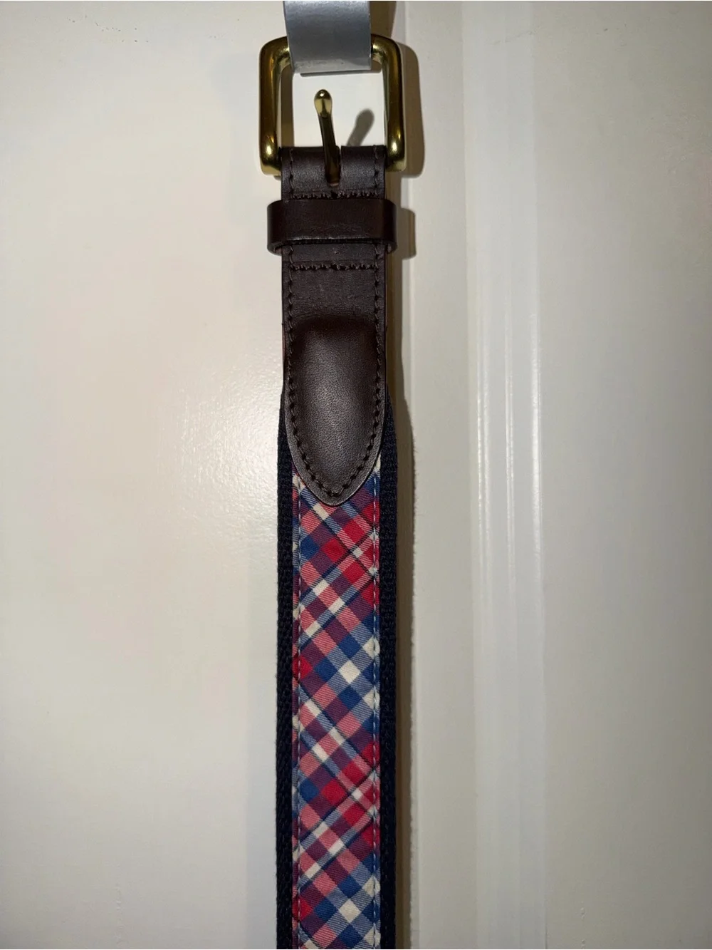Vineyard Vines Red & Blue Plaid Leather-Trim Belt